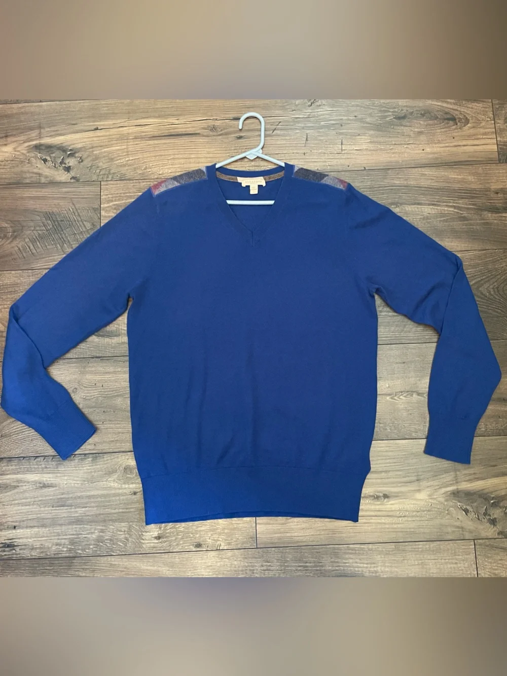 Burberry Brit Royal Blue Cashmere Cotton V-Neck Sweater with Nova Check Large